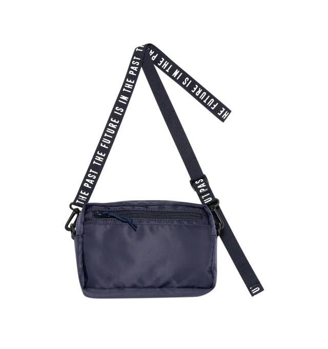 Image 3 of 4 - NAVY - Human Made horizontal military pouch crafted from durable nylon. Adjustable, detachable shoulder strap allows it to be worn diagonally (cross-body). Removing the magic tape on the front reveals text, adding a playful touch. Features dual front 3D pockets featuring logo text and webbing loops, zip pocket at back, sleeve pocket at interior and zip closure at top. Measures 14 cm high x  22cm wide x 4cm deep. 100% nylon. Made in Japan. 