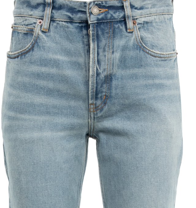 Image 3 of 3 - BLUE - SAINT LAURENT Low Rise Jeans featuring low rise, 5 pocket styling, straight leg, button closure with zip fly and belt loops. 100% cotton.  