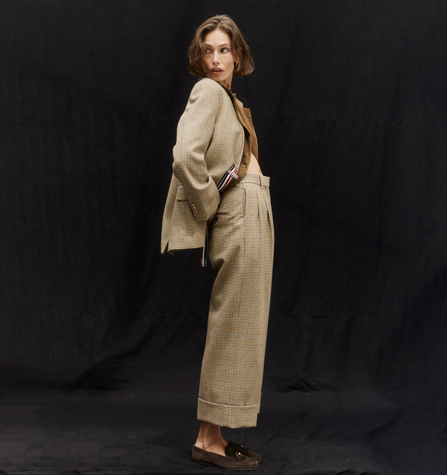 Image 2 of 5 - BROWN - THOM BROWNE Check Cheviot Tweed Trousers featuring double pleat, high-waist, tab front closure, button-fastening back welt pockets and signature striped grosgrain loop tab. 100% wool. Lining: 100% cupro. Made in Italy. 
