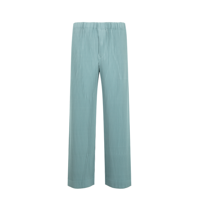 Image 1 of 3 - BLUE - Issey Miyake Color Pleats 2 Pants are sporty, brightly colored straight pants. They are characterized by their portability and light comfort with the unique quick-drying property of polyester material. There are pockets on both sides and a drawcord at the waist, along with a button-fly design. Material: 100% Polyester. Made In Japan. 
