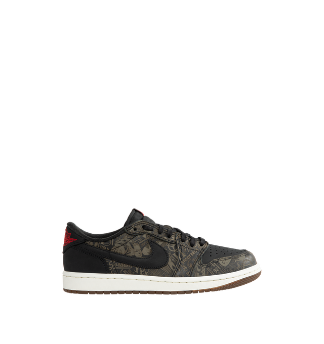 Image 1 of 5 - MULTI - Jordan Men's Air Jordan 1 Low OG "Laser" Sneakers feature a genuine leather upper in Black, Summit White, and Varsity Red. Inspired by the original 1985 silhouette, the low-top design is finished with a foam midsole, encapsulated Air-Sole cushioning, and a solid rubber outsole for durable traction. Upper: Genuine Leather. Midsole: Foam. Sole: Rubber. 
