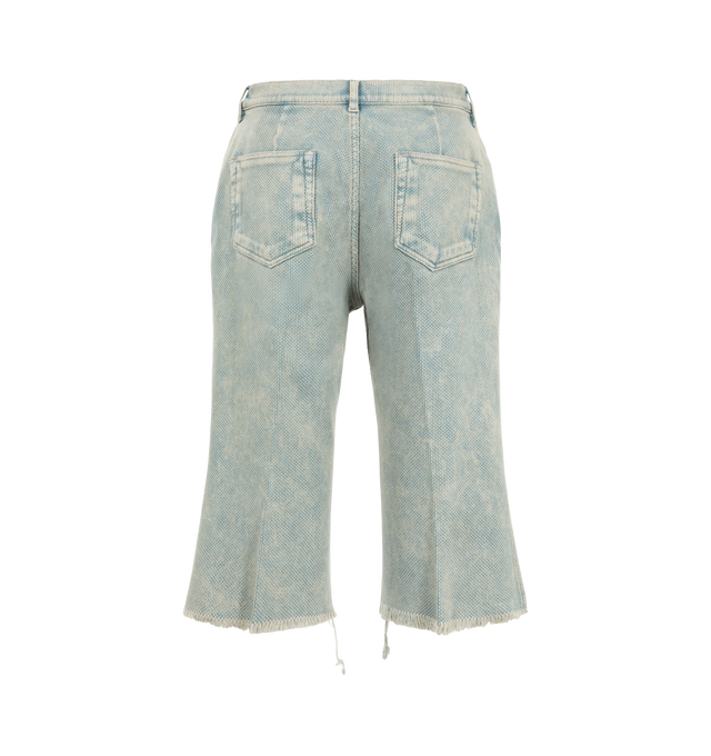Image 2 of 3 - BLUE - Rick Owens Men's Bolan Cutoffs are crafted from heavyweight Japanese cotton canvas and features a high-rise waist, a slim fit, knee-length raw-cut hems, side slits, and a six-pocket construction. Designed with a concealed button fly, belt loops, pocket rivets, rear patch pockets, crotch whiskering, and pressed front and back leg creases, this style combines a streamlined silhouette with signature denim detailing. Main Material: 100% Cotton. Pocket Lining: 52% Polyester, 48% Cotton. Mad 