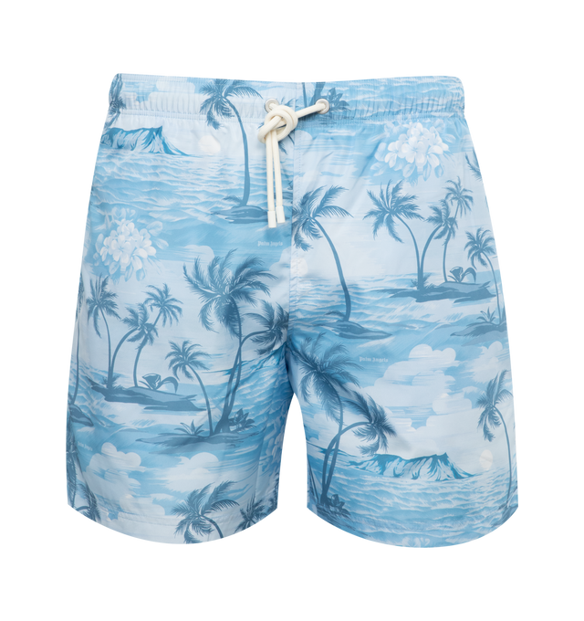 Image 1 of 3 - BLUE - PALM ANGELS men's blue swim shorts with sunset print and small palm angels lettering, elastic waistband, white drawstring and flap pocket on the back. 100% polyester.  