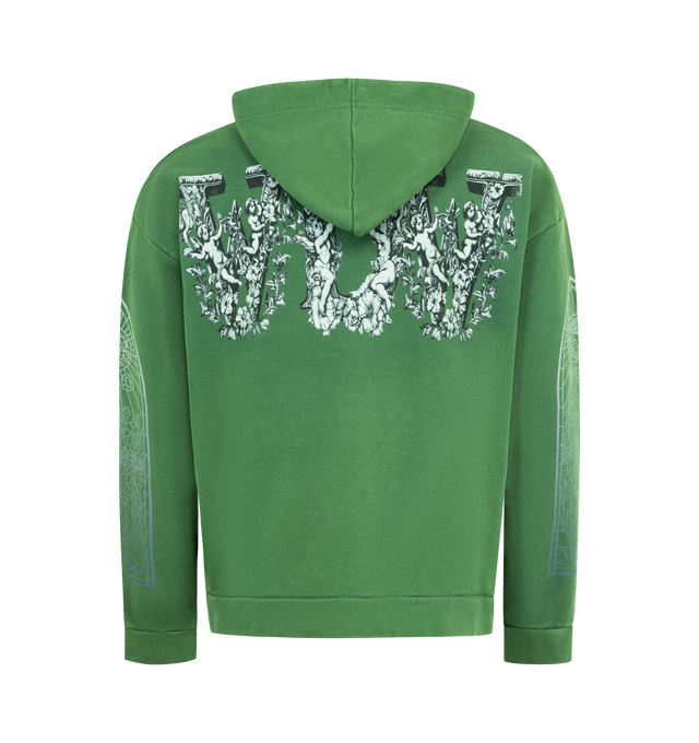 Image 2 of 2 - GREEN - WHO DECIDES WAR Sacred Being Cotton Zip-Up Hoodie featuring a graphic print on front, relaxed zip-front silhouette, attached drawstring hood, long sleeves, split kangaroo pocket and front zip closure. 100% cotton. Made in Italy. 