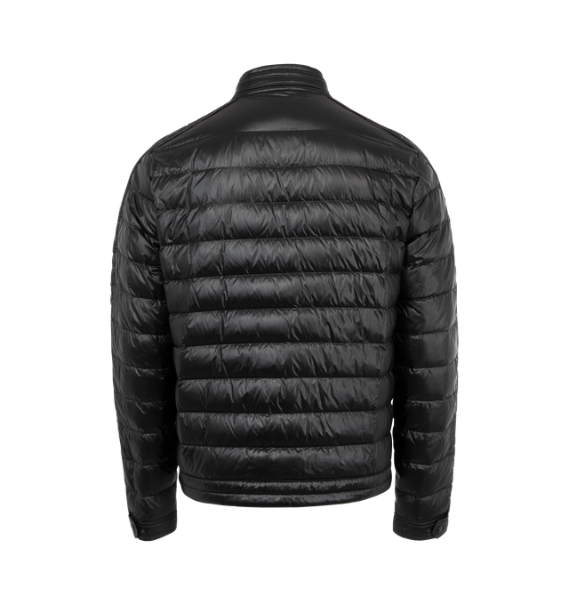 Image 2 of 3 - BLACK - Moncler Jacobus Biker Jacket has a band collar with a press stud band, a zipper closure, zip pockets, press stud cuff tabs, saddle shoulders, and a brand logo patch. Fully lined. 90% down, 10% feather fill. 100% polyamide exterior. Made in Romania.  