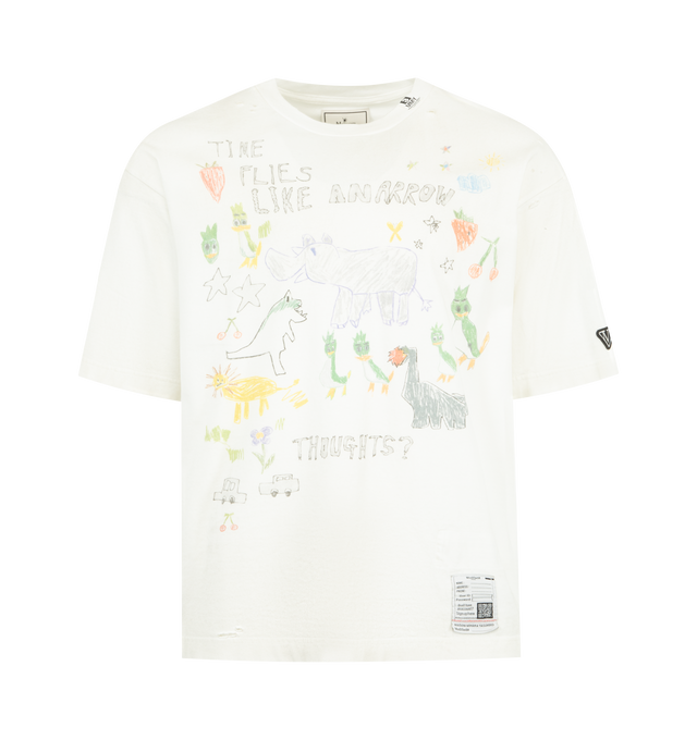 Image 1 of 2 - WHITE - Maison Mihara Yasuhiro Kids Doodle T-Shirt is crafted from cotton and features a classic crew neckline, short sleeves, and signature Doodle graphic artwork for a playful contemporary look. This designer graphic T-shirt combines soft everyday comfort with Maison Mihara Yasuhiro's distinctive artistic aesthetic, making it an easy wardrobe staple. Main Material: 100% Cotton. Made in Japan. 