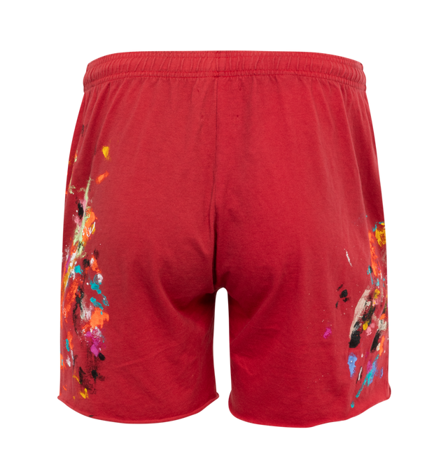 RED - GALLERY DEPT. Insomnia Shorts featuring a heavyweight cotton jersey construction with a relaxed, above-the-knee cut and raw-edged hems, deep pockets, an exposed elastic waistband, and an adjustable internal drawcord for versatility. Hand-painted splatters adorn the sturdy yet breathable fabric, finished with the classic logotype on the right leg. 100% heavyweight cotton.