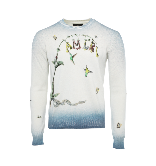 BLUE - AMIRI Embroidered Hummingbird Crew featuring crewneck, long sleeves, ribbed cuffs and hem and embroidered graphic and logo. 96% wool, 4% cotton. Made in Italy.