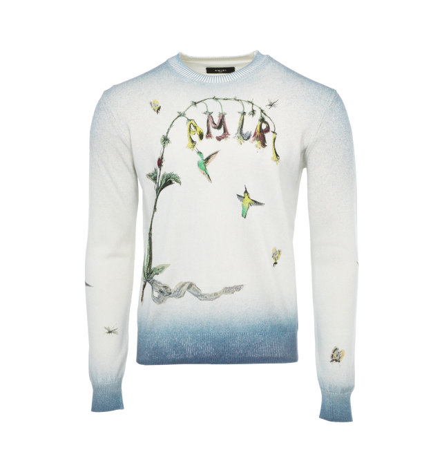 Image 1 of 4 - BLUE - AMIRI Embroidered Hummingbird Crew featuring crewneck, long sleeves, ribbed cuffs and hem and embroidered graphic and logo. 96% wool, 4% cotton. Made in Italy.