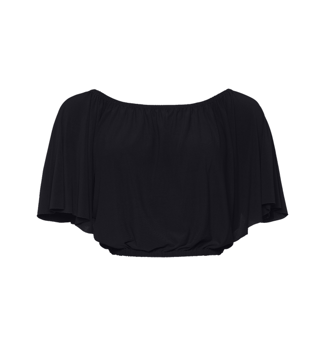 Image 1 of 5 - BLACK - ERES Solal Crop Top featuring elasticated neckline and waist with short butterfly sleeves. 94% Polyamid, 6% Spandex. Made in France. 