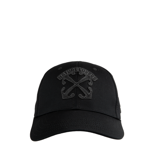 BLACK - OFF-WHITE VARSITY BASEBALL CAP features an embroidered logo on the front and left side of the cap. This cap is also adjustable. 100% cotton