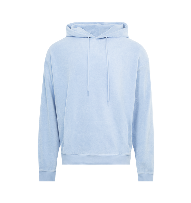 Image 1 of 3 - BLUE - MARTINE ROSE Classic Hoodie made from Martine Rose signature jersey featuring a drawstring hood, front pouch pocket and ribbed trims, and signature Martine Rose logo screen printed in white at the back. Unisex brand in men's sizing. 100% Cotton. Made in Portugal.  