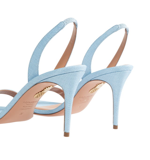 Image 3 of 4 - BLUE - AQUAZZURA So Nude 85 Sandals featuring covered stiletto mid heel, slingback strap, leather lining, leather insole and leather sole with embossed Pineapple logo. 85 mm. Made in Italy. 