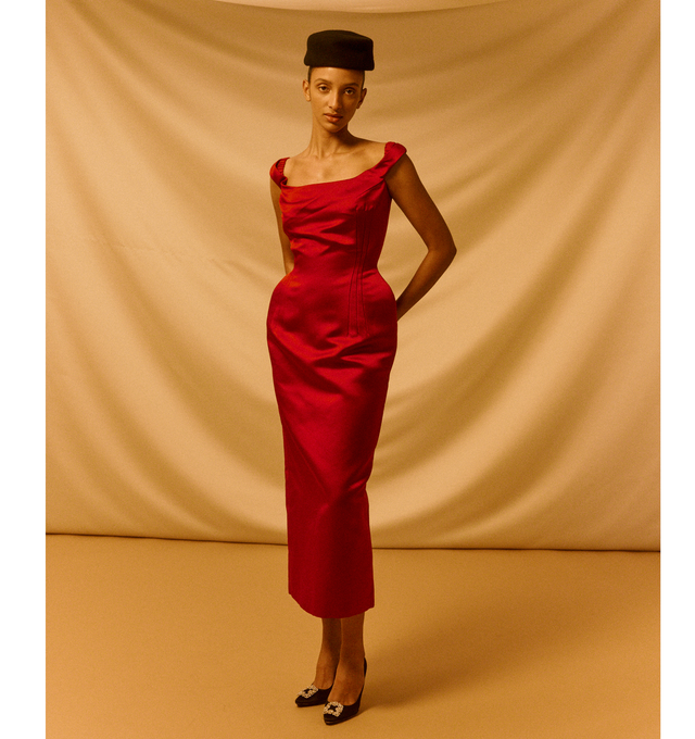 Image 2 of 4 - RED - MAGDA BUTRYM Off-Shoulder Midi Dress featuring midi length, hip pads, fitted bodice and a rounded off-shoulder neckline. 100% silk. 