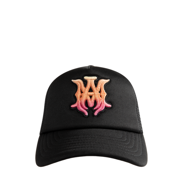Image 1 of 2 - BLACK - Amiri Mens MA Surf Foam Trucker Hat is crafted from polyester foam. Features embroidered MA logo, curved brim, embroidered eyelets, mesh back panels, and adjustable double snapback closure. Main Material: 100% Polyester. Made in USA. 