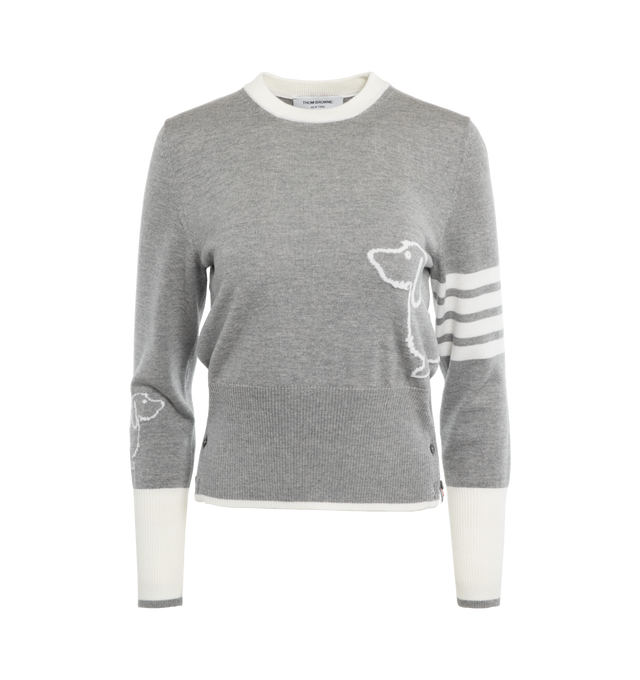 GREY - THOM BROWNE Hector Icon knitted jumper from THOM BROWNE featuring grey, virgin wool, knitted construction, intarsia-knit logo, signature 4-Bar stripe, RWB stripe, ribbed cuffs and hem, contrasting cuffs, long sleeves and crew neck. 100% virgin wool.