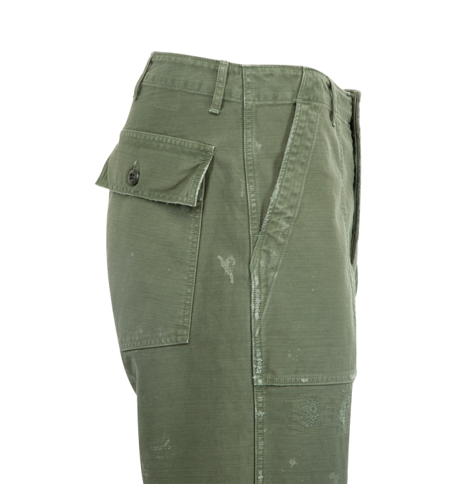 Image 3 of 3 - GREEN - FULLCOUNT Utility Trouser featuring loose, straight fit, high rise, button fly, two side entry pockets, two button flap pockets and double felled seams. 100% cotton. 