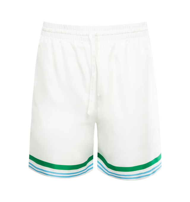 WHITE - CASABLANCA Silk Shirt featuring short length, elasticated waistband, drawstring fastening, stripe design, back pocket and tonal stitching. 100% silk.