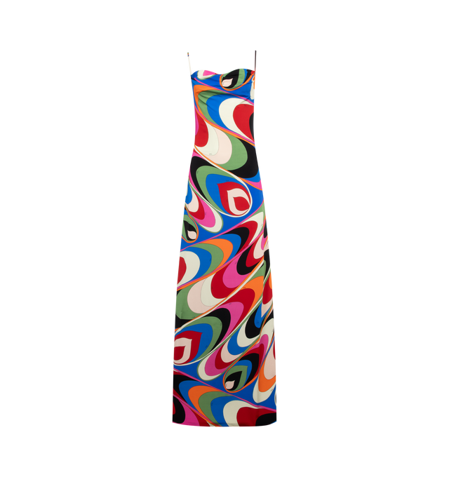 MULTI - PUCCI Onde Print Long Dress featuring a low back, ultra-slim straps, column silhouette, cowl neck, maxi-length hem and slim fit. 95% rayon, 5% elastane. Made in Italy.