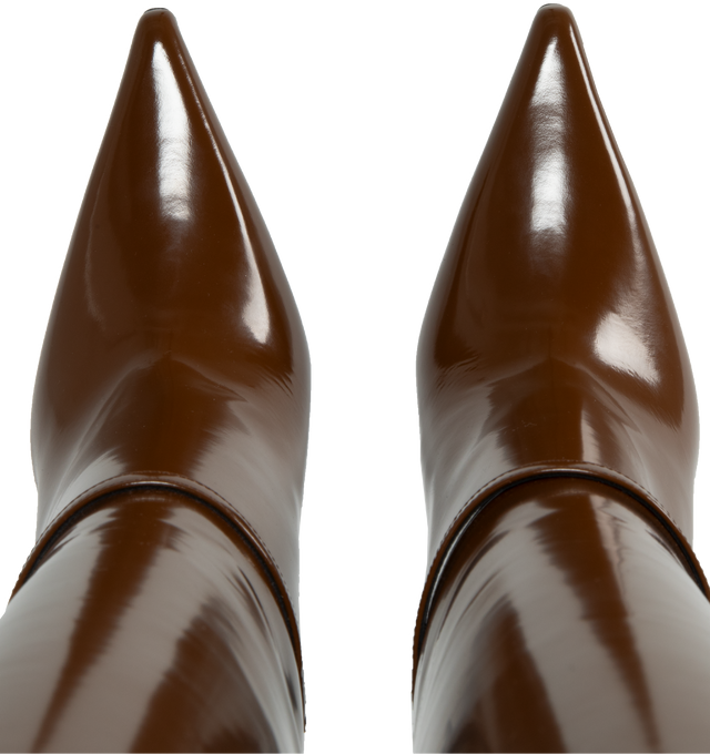 Image 4 of 5 - BROWN - SAINT LAURENT Vendome Boots featuring pointed tow, stiletto heel and buckle strap at ankle. 4.3 inches. 95% calfskin, 5% brass.  