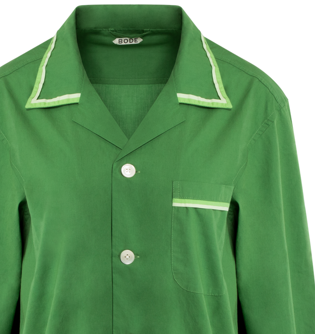 Image 3 of 3 - GREEN - BODE Top Sheet Shirt featuring boxy fit, four front buttons and three front patch pockets. 100% cotton.  