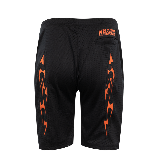 Image 2 of 3 - BLACK - PLEASURES Flame Mesh Shorts featuring pull-on styling with elastic waistband and interior drawstring tie closure, 3-pocket styling, midweight jersey mesh fabric with novelty flame embroidery and Pleasures logo at back. 100% polyester. Made in China. 