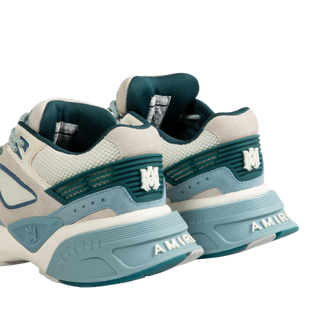 Image 3 of 5 - BLUE - AMIRI MA Runner Sneakers featuring breathable mesh fabric with leather overlays, flat heel, branded reinforced round toe, lace-up vamp, tubular laces, raised MA logo on the tongue, backstay, and side, padded tongue and collar, raised logo on the heel and rubber outsole. 