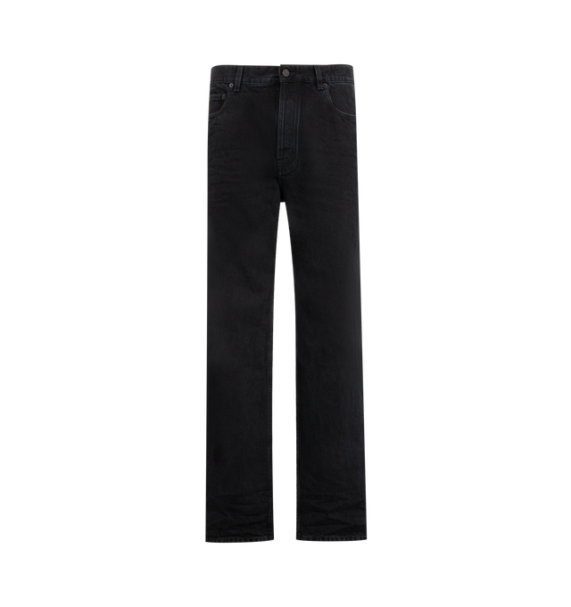 Image 1 of 3 - BLACK - Saint Laurent Men's Relax Tapered Jeans are crafted from pure cotton denim with a washed black finish that creates a naturally worn-in appearance and added depth of color. Designed with a relaxed fit that tapers toward the hem, these designer jeans feature classic five-pocket construction, belt loops, a front button closure, and a Saint Laurent Paris embossed leather logo patch at the back waistband. Main Material: 100% Cotton. Fit: Relaxed Tapered. Closure: Button Front. Pockets: Fiv 