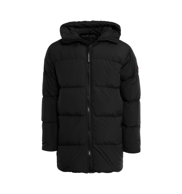 BLACK - CANADA GOOSE Lawrence Down Puffer Jacket featuring adjustable down-filled snorkel hood, funnel collar, long sleeves, recessed rib-knit cuffs, two-way full-zip front closure, Tricot chin guard, CORDURA piping at sleeve hem, reflective double stripe grab strap on back, interior backpack straps allow the jacket to be carried hands-free over the shoulders, two exterior fleece-lined pockets, two interior mesh drop-in pockets, one interior security pocket with zipper closure, logo patch at left sleeve and