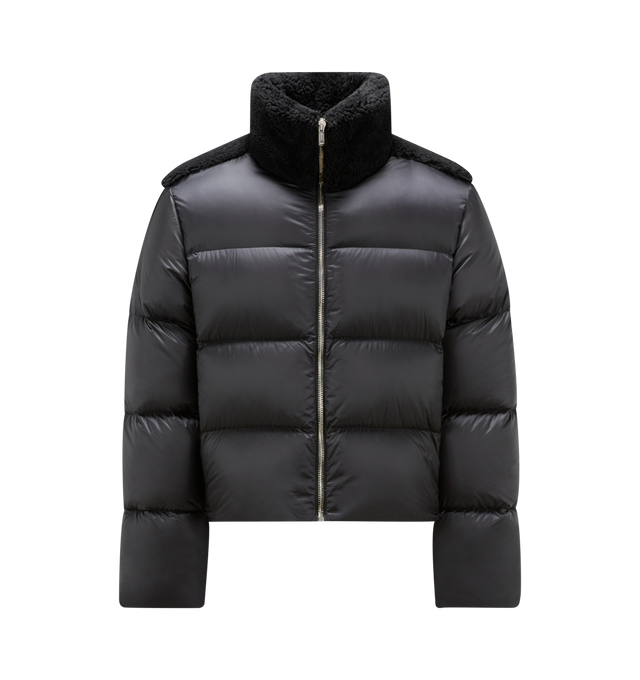 BLACK - RICK OWENS X MONCLER CYCLOPIC JKT featuring below the waist length, front zipper closure, high funnel neck collar, two front snap closure pockets, ribbed cuffs, a vertical zipper on the back neckand a cotton webbing strap with rivet detail across the back yoke. 