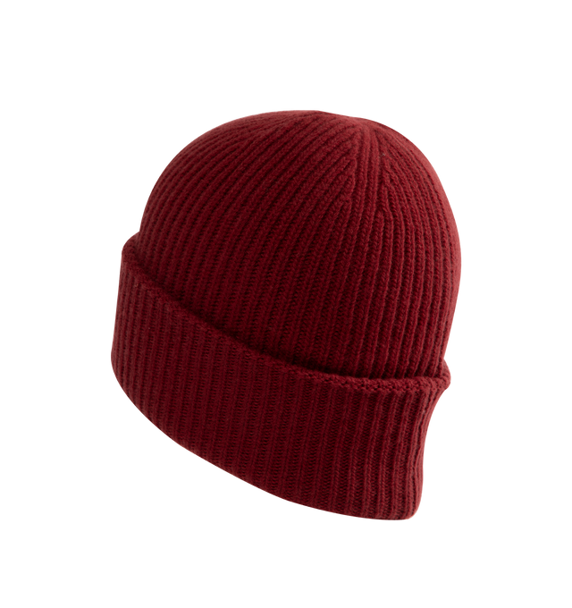 Image 2 of 2 - RED - Moncler Genius X Palm Angels Hat has a ribbed texture, widde cuff, and a logo patch at the front. lettering, and a brand logo.  