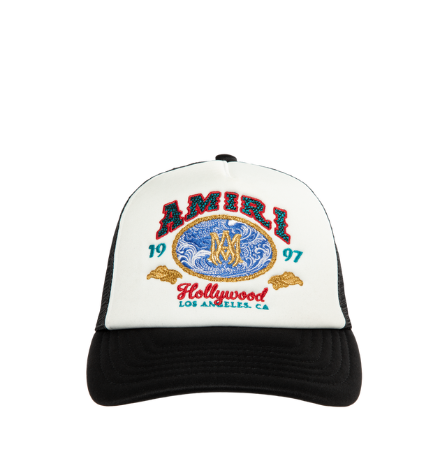Image 1 of 2 - BLACK - Amiri Wave Foam Trucker Hat features a structured foam-front construction with signature graphic detailing for a bold, vintage-inspired finish. Designed with a breathable mesh back and adjustable snapback closure, this designer trucker hat combines classic Americana styling with AMIRI's signature Los Angeles streetwear aesthetic. 