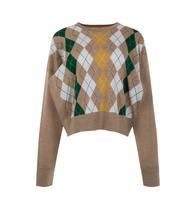 Image 1 of 2 - NEUTRAL - Khaite Women's Argyle Pullover is crafted from a fine virgin wool and features a delicately scaled argyle pattern, a relaxed fit, and a drop-shoulder silhouette. Designed with ribbed trim at the crew neckline, cuffs, and hem, this finely knit sweater offers a smooth, refined finish and effortless everyday wear. Main Main Material: Virgin Wool. 