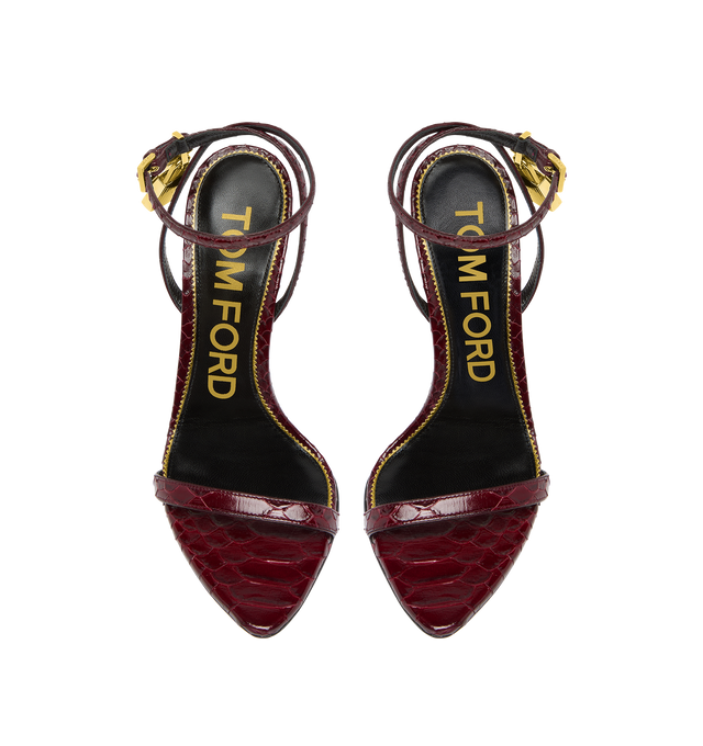 Image 4 of 4 - RED - TOM FORD Semi Shiny Printed Python Padlock Pointy Naked Sandal featuring a pointed toe, signature padlock hardware and a metal spike heel. 105 mm heel. 100% calfskin. Made in Italy. 