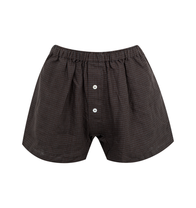 Image 4 of 6 - BROWN - Deiji Studios set in slate check features an oversized box fit linen shirt with wide arms and a front pocket. Includes coordinating loose fitting boxer style shorts designed to sit mid rise, with a faux button down fly and an elastic waist for extra comfort.made from 100% GOTS certified organic, OEKO-TEX 100 certified and EU certified stone washed french linen 