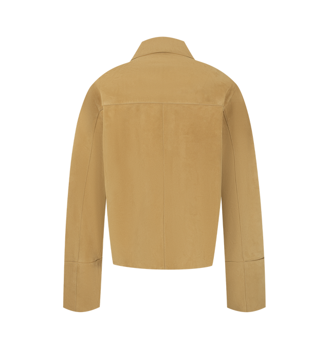 Image 2 of 3 - NEUTRAL - Loewe Women's suede lambskin and features a classic collar, front button closure, patch pockets, and turn-up cuff sleeves in a regular-fit silhouette. This designer suede jacket combines supple lambskin construction with timeless tailoring for elevated everyday layering. Main Material: Suede Lambskin. Made in Spain. 