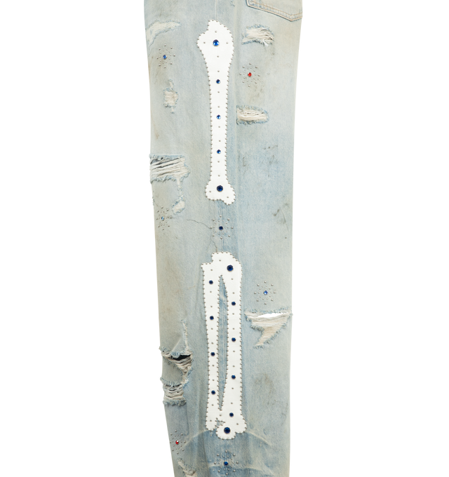 Image 4 of 4 - BLUE - AMIRI Bones Studded Baggy Jean featuring croc embossed leather bone appliques and stud detailing, distressed throughout, stud embellishments, rhinestone rivets and baggy fit. 100% cotton. Made in Italy. 