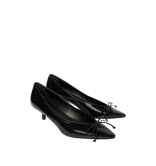 Image 2 of 4 - BLACK - JACQUEMUS Tourni Heel featuring pump heels in smooth leather, pointed toe, small fixed bow, stitched edges, lambskin leather insole and lining, 4.5cm asymmetric twisted heels with lacquered finish and contrast outsole. 100% cow leather. Outsole: 100% cow leather. Made in Italy.  