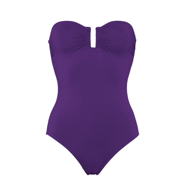Image 1 of 6 - PURPLE - ERES Cassiope One-Piece Bustier Swimsuit featuring bust shirring at front and sides, U-shaped metal link between cups and gripper tape. Main: 84% Polyamid, 16% Spandex. Second: 68% Polyamid, 32% Spandex. Made in Italy. 