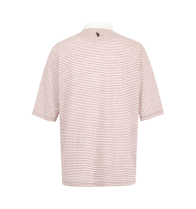 Image 2 of 2 - RED - Wales Bonner Men's Bask Striped Linen and Cotton Polo Shirt is crafted from a lightweight linen and cotton blend and features an allover striped motif with a contrasting white polo collar. Designed in a relaxed silhouette, this short-sleeve polo showcases the houses distinctive approach to color and texture while maintaining a refined casual feel. Main Material: 88% Linen, 12% Cotton. Details: 100% Cotton. Collar: Polo Collar. Sleeves: Short Sleeves. Fit: Loose Fit. Made in Portugal. 