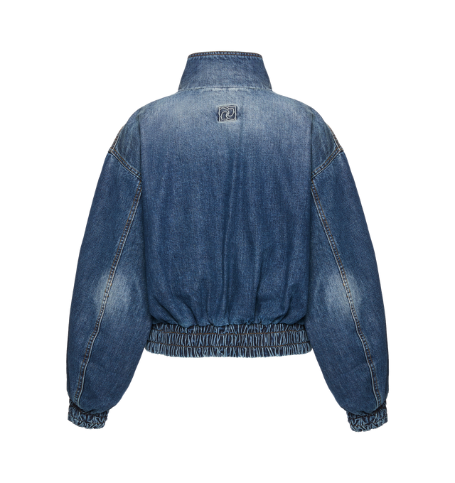 Image 2 of 2 - BLUE - MAGDA BUTRYM Denim Bomber Jacket featuring vintage-wash denim, elasticated cuffs and hem, a high snap-button collar, oversized flap pockets, front zip closure and embroidered logo at the back neck. 100% cotton. 