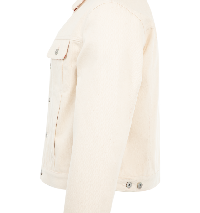 Image 3 of 3 - WHITE - Jacquemus De Nimes Denim Jacket has a spread collar, a button front closure, chest pocket with button flaps, and seam pockets. 52%, 48% cotton.  Made in Portugal.  