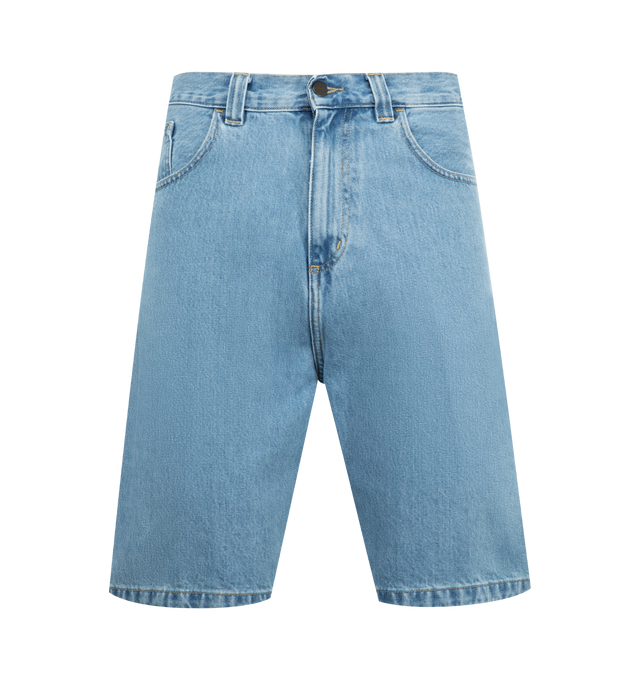 Image 1 of 3 - BLUE - CARHARTT WIP Brandon Short featuring heavyweight cotton denim in a loose fit with a low crotch, a back yoke, detailed with bartack stitching at vital stress points and a woven Square Label completes the design. 100% cotton.  