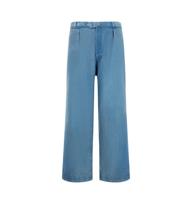 Image 1 of 4 - BLUE - A.Presse Men's Vintage French Work Pants are crafted from indigo-dyed blue cotton and feature a wide-leg workwear silhouette with a vintage-inspired look and texture. Natural variations in the fabric make each piece unique. Main Material: 100% Cotton. Made in Japan. 