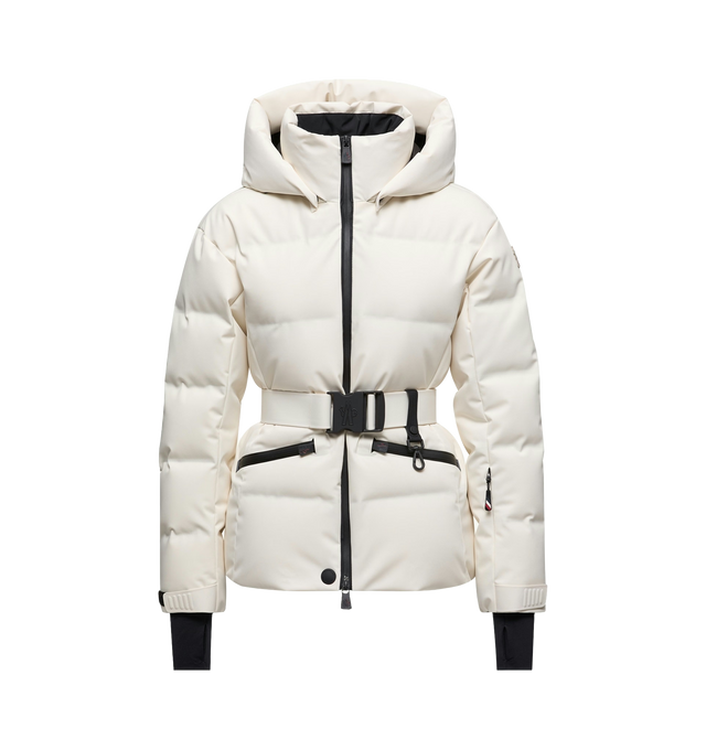 Image 1 of 1 - WHITE - Moncler Grenoble Women's Tolima Hooded Insulated Ski Jacket is crafted from a 2-layer four-way stretch technical nylon blend and features a performance-driven silhouette designed for skiing and snowboarding. Engineered for maximum freedom of movement, this down-filled jacket combines breathable comfort with weather-resistant protection through water-repellent YKK AquaGuard NATULON zippers and technical stretch construction. Purpose-built for the slopes, it is finished with a detachabl 