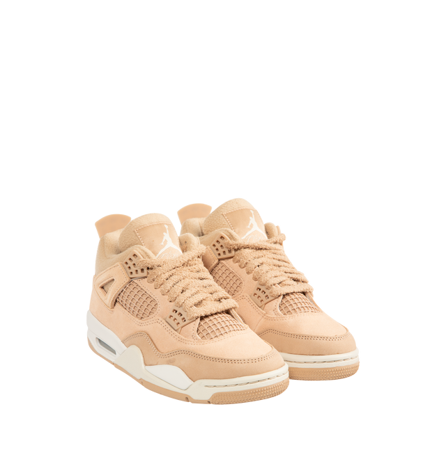 Image 2 of 5 - BROWN - NIKE Air Jordan 4 Retro Sneaker featuring velvety nubuck and smooth leather, metallic silver accents, real and synthetic leather combines with grid mesh underlays, Max Air cushioning, free-floating eyestays near the ankle and rubber outsole with herringbone tread pattern. 
