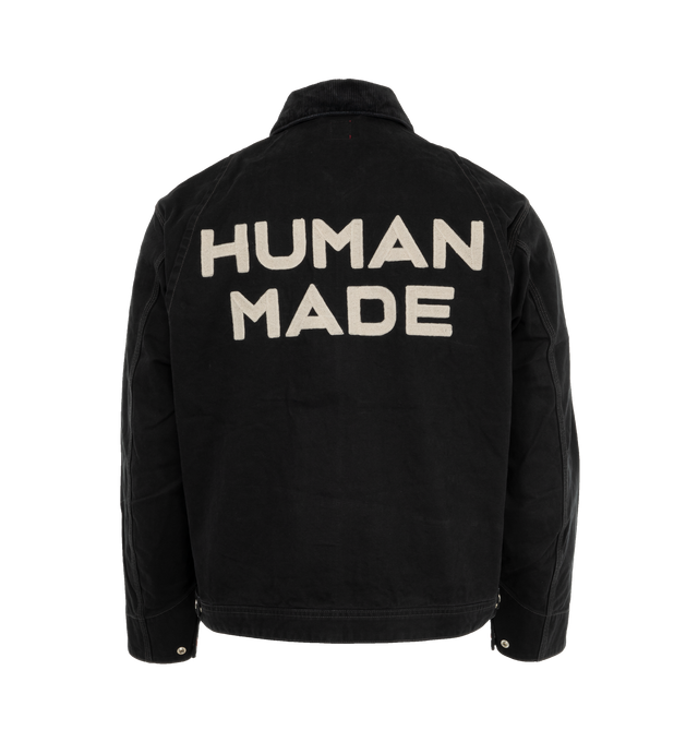 Image 2 of 5 - BLACK - Human Made Men's Zip-up blouson jacket in thick duck cloth. Details include a corduroy collar and chain-stitched graphics. 