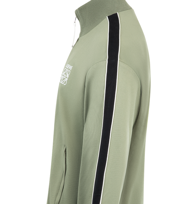 Image 3 of 3 - GREEN - Loewe Men's Tracksuit Jacket in lightweight technical jersey featuring herringbone tape on the sleeves and a mesh lining. Relaxed fit, regular length featuring high neck, rib knit collar, cuffs and hem, zip-front fastening, zipped welt pockets and LOEWE Anagram embroidery placed on the chest. Polyamide/Cotton. Made in Portugal. 