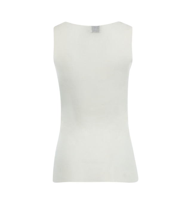 Image 2 of 3 - WHITE - DEIJI STUDIOS Knit Tank featuring a sheer fine knit tank with a low curved neckline and racer style back in a form fit, an asymmetric baby lock exposed hem detail and finishes. 65% ecovero viscose and 35% recycled polyester with OEKO-TEX 100 certification. 