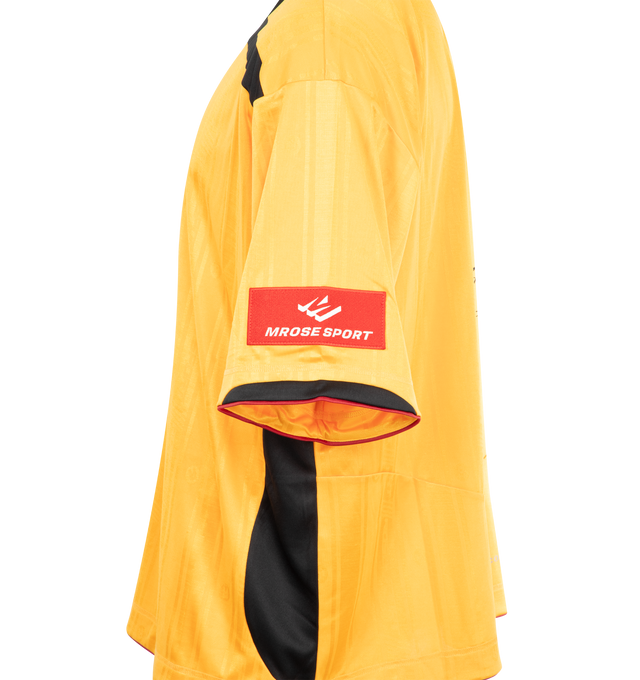 Image 4 of 4 - YELLOW - MARTINE ROSE Printed Football Top featuring jacquard dry fit jersey, contrasting panelling, logo and applique patches, short sleeve and ribbed v neck collar. 100% polyester.  